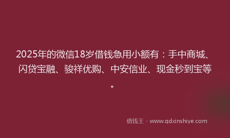 2025年的微信18岁借钱急用小额有：手中商城、闪贷宝融、骏祥优购、中安信业、现金秒到宝等。