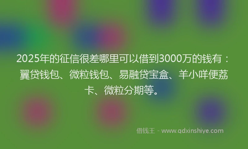 2025年的征信很差哪里可以借到3000万的钱有：翼贷钱包、微粒钱包、易融贷宝盒、羊小咩便荔卡、微粒分期等。