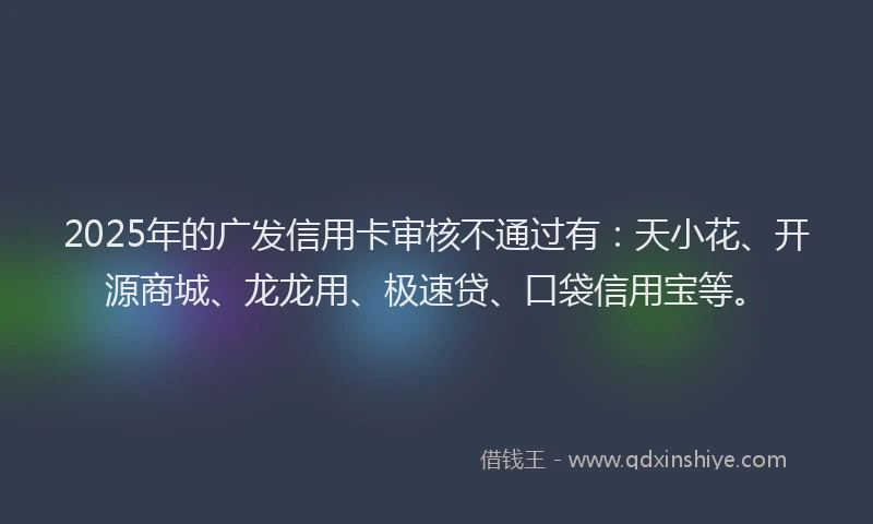 2025年的广发信用卡审核不通过有：天小花、开源商城、龙龙用、极速贷、口袋信用宝等。