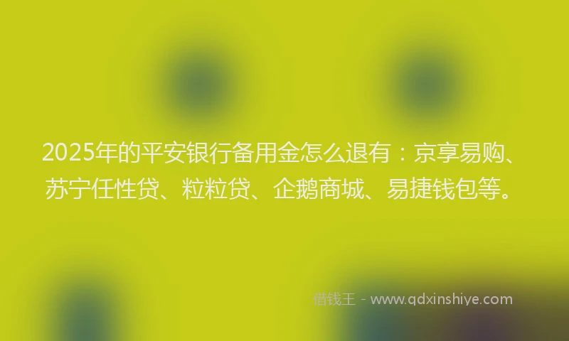 2025年的平安银行备用金怎么退有：京享易购、苏宁任性贷、粒粒贷、企鹅商城、易捷钱包等。