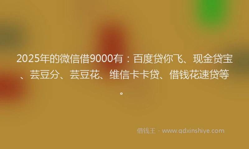 2025年的微信借9000有：百度贷你飞、现金贷宝、芸豆分、芸豆花、维信卡卡贷、借钱花速贷等。