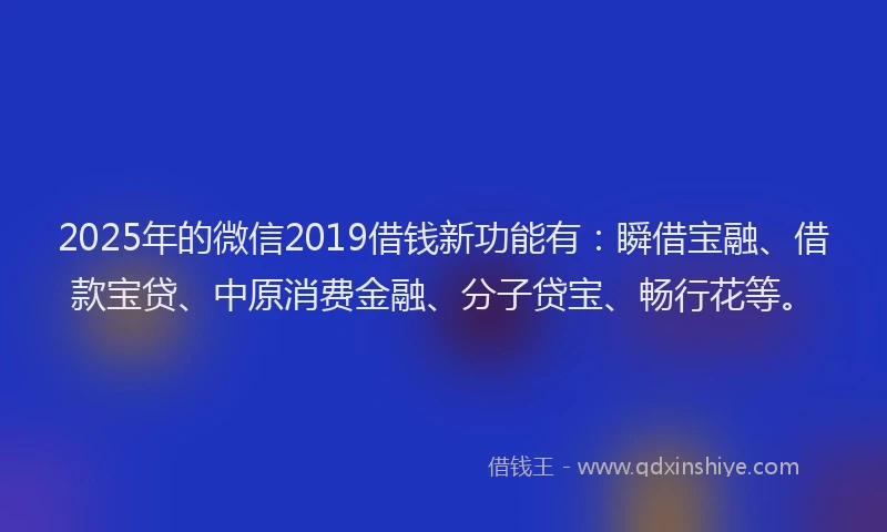 2025年的微信2019借钱新功能有：瞬借宝融、借款宝贷、中原消费金融、分子贷宝、畅行花等。