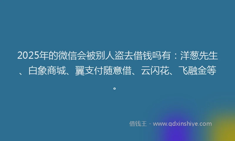2025年的微信会被别人盗去借钱吗有：洋葱先生、白象商城、翼支付随意借、云闪花、飞融金等。