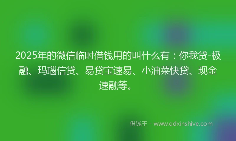 2025年的微信临时借钱用的叫什么有：你我贷-极融、玛瑙信贷、易贷宝速易、小油菜快贷、现金速融等。