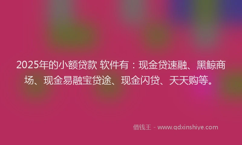 2025年的小额贷款 软件有：现金贷速融、黑鲸商场、现金易融宝贷途、现金闪贷、天天购等。
