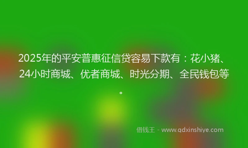 2025年的平安普惠征信贷容易下款有：花小猪、24小时商城、优者商城、时光分期、全民钱包等。