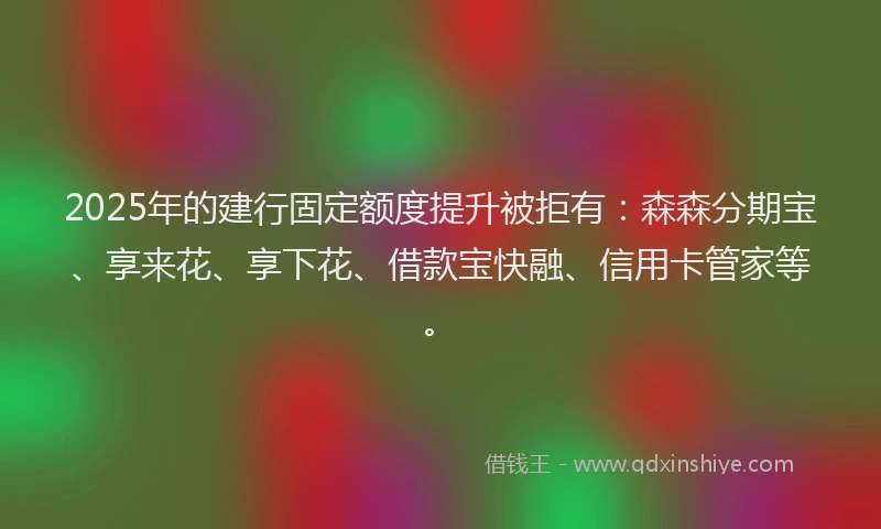 2025年的建行固定额度提升被拒有：森森分期宝、享来花、享下花、借款宝快融、信用卡管家等。