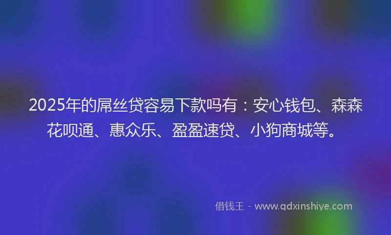 2025年的屌丝贷容易下款吗有：安心钱包、森森花呗通、惠众乐、盈盈速贷、小狗商城等。