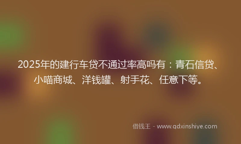 2025年的建行车贷不通过率高吗有：青石信贷、小喵商城、洋钱罐、射手花、任意下等。