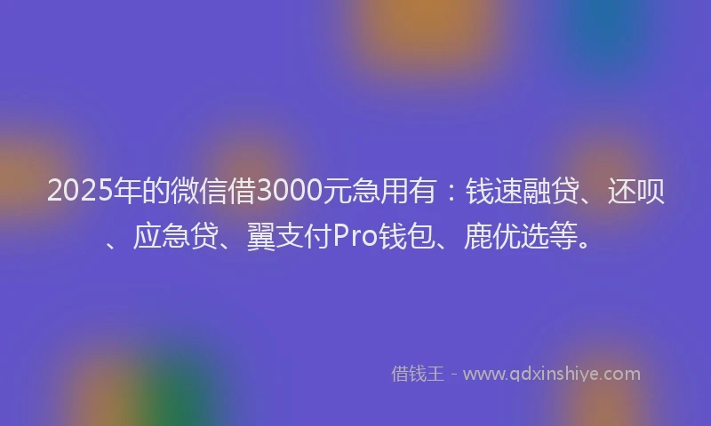 2025年的微信借3000元急用有：钱速融贷、还呗、应急贷、翼支付Pro钱包、鹿优选等。
