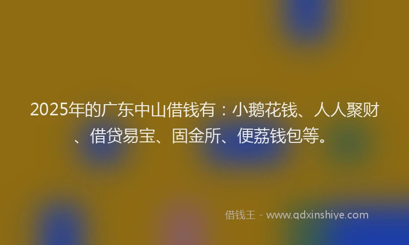 2025年的广东中山借钱有：小鹅花钱、人人聚财、借贷易宝、固金所、便荔钱包等。