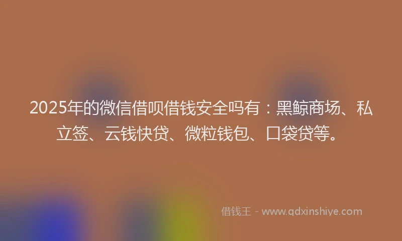 2025年的微信借呗借钱安全吗有：黑鲸商场、私立签、云钱快贷、微粒钱包、口袋贷等。