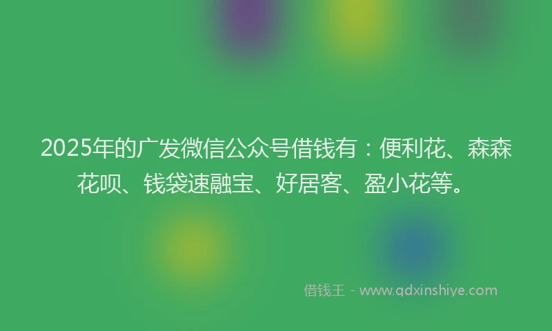 2025年的广发微信公众号借钱有：便利花、森森花呗、钱袋速融宝、好居客、盈小花等。
