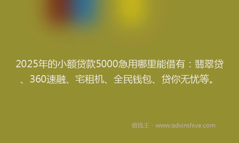 2025年的小额贷款5000急用哪里能借有：翡翠贷、360速融、宅租机、全民钱包、贷你无忧等。