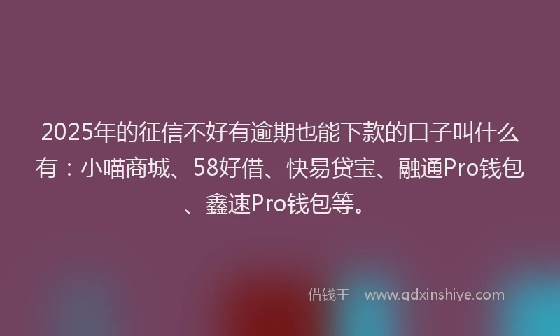 2025年的征信不好有逾期也能下款的口子叫什么有：小喵商城、58好借、快易贷宝、融通Pro钱包、鑫速Pro钱包等。