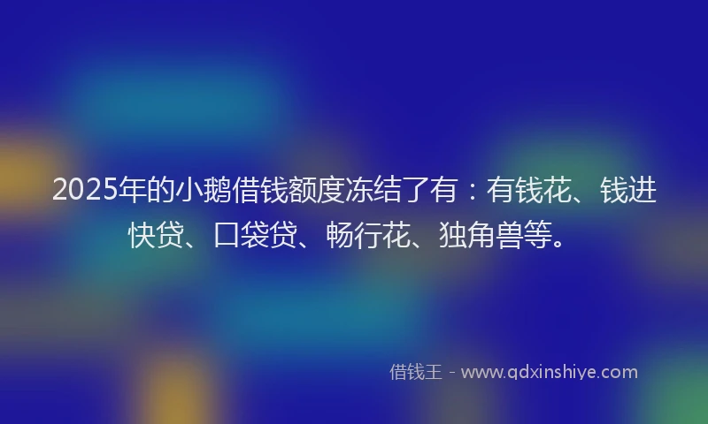 2025年的小鹅借钱额度冻结了有：有钱花、钱进快贷、口袋贷、畅行花、独角兽等。