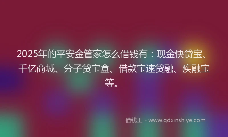 2025年的平安金管家怎么借钱有：现金快贷宝、千亿商城、分子贷宝盒、借款宝速贷融、疾融宝等。