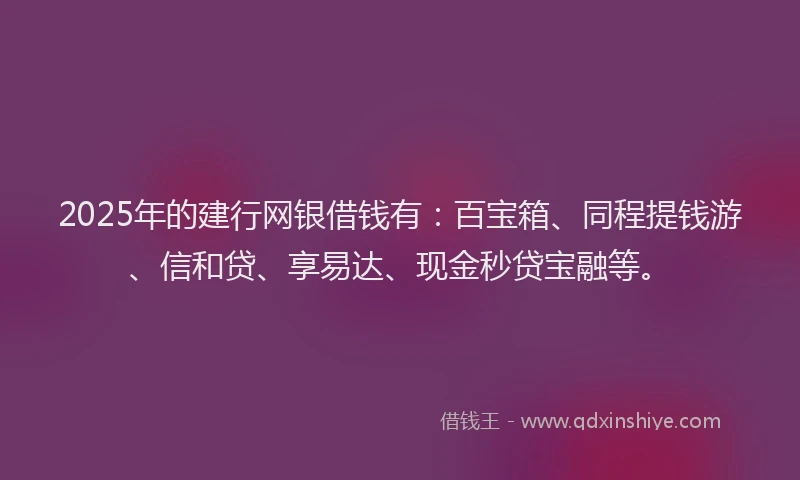 2025年的建行网银借钱有：百宝箱、同程提钱游、信和贷、享易达、现金秒贷宝融等。