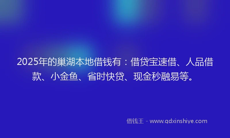2025年的巢湖本地借钱有：借贷宝速借、人品借款、小金鱼、省时快贷、现金秒融易等。
