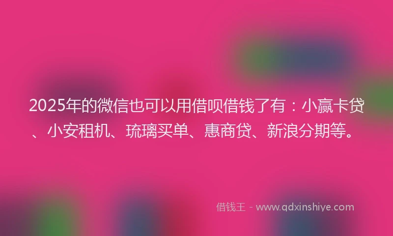 2025年的微信也可以用借呗借钱了有：小赢卡贷、小安租机、琉璃买单、惠商贷、新浪分期等。