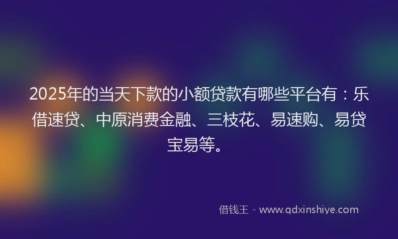 2025年的当天下款的小额贷款有哪些平台有：乐借速贷、中原消费金融、三枝花、易速购、易贷宝易等。