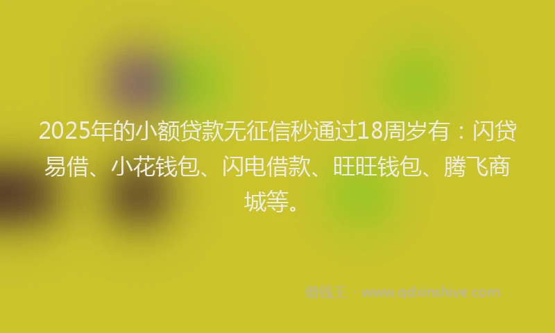 2025年的小额贷款无征信秒通过18周岁有：闪贷易借、小花钱包、闪电借款、旺旺钱包、腾飞商城等。