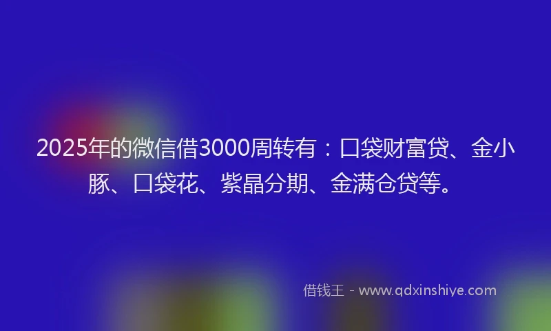 2025年的微信借3000周转有：口袋财富贷、金小豚、口袋花、紫晶分期、金满仓贷等。