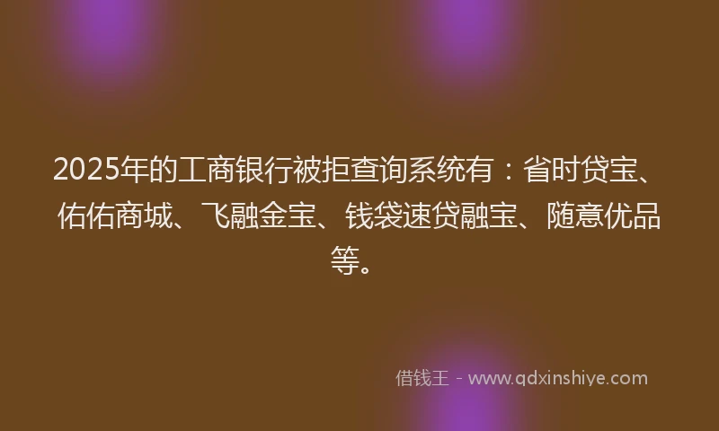 2025年的工商银行被拒查询系统有：省时贷宝、佑佑商城、飞融金宝、钱袋速贷融宝、随意优品等。