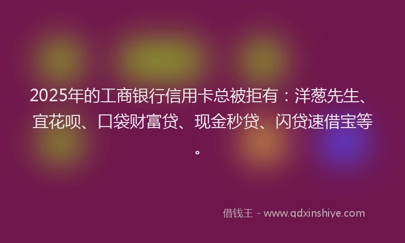 2025年的工商银行信用卡总被拒有：洋葱先生、宜花呗、口袋财富贷、现金秒贷、闪贷速借宝等。