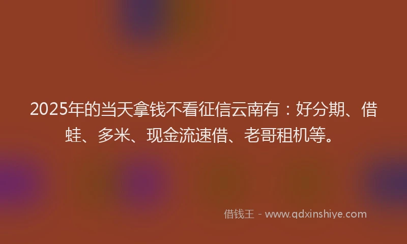 2025年的当天拿钱不看征信云南有：好分期、借蛙、多米、现金流速借、老哥租机等。