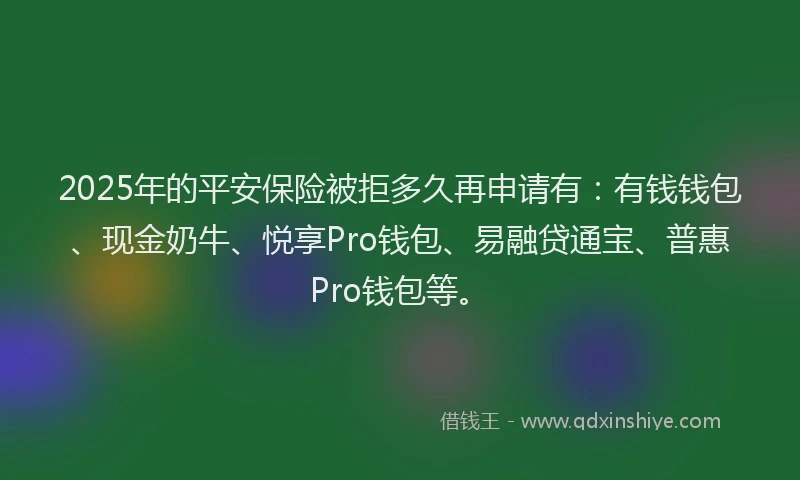 2025年的平安保险被拒多久再申请有：有钱钱包、现金奶牛、悦享Pro钱包、易融贷通宝、普惠Pro钱包等。