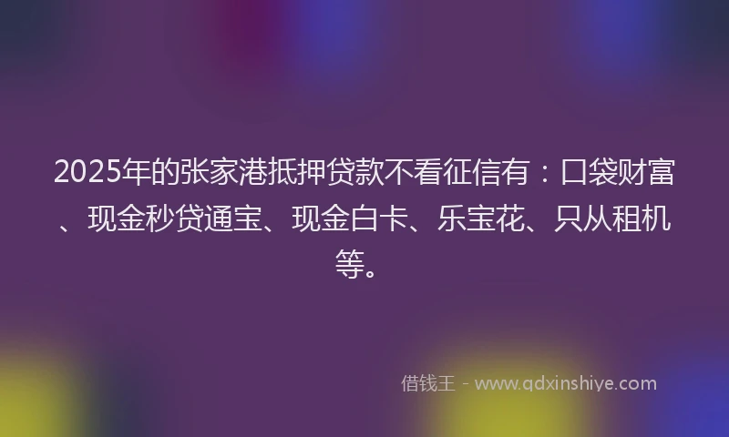 2025年的张家港抵押贷款不看征信有：口袋财富、现金秒贷通宝、现金白卡、乐宝花、只从租机等。