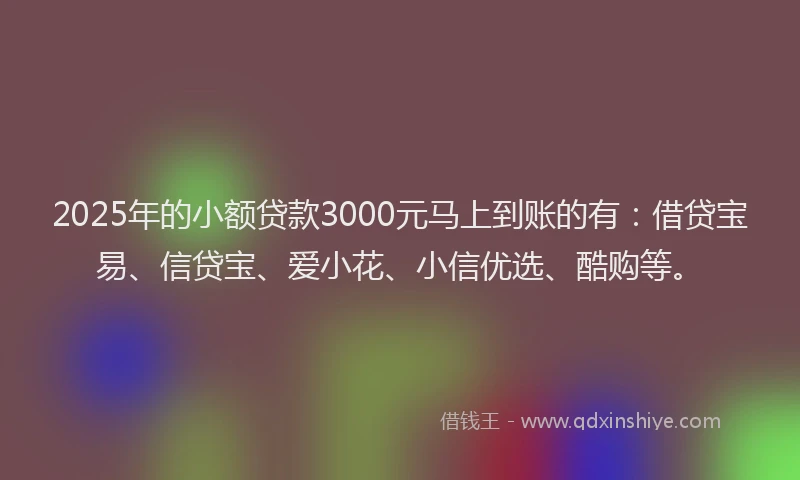 2025年的小额贷款3000元马上到账的有：借贷宝易、信贷宝、爱小花、小信优选、酷购等。
