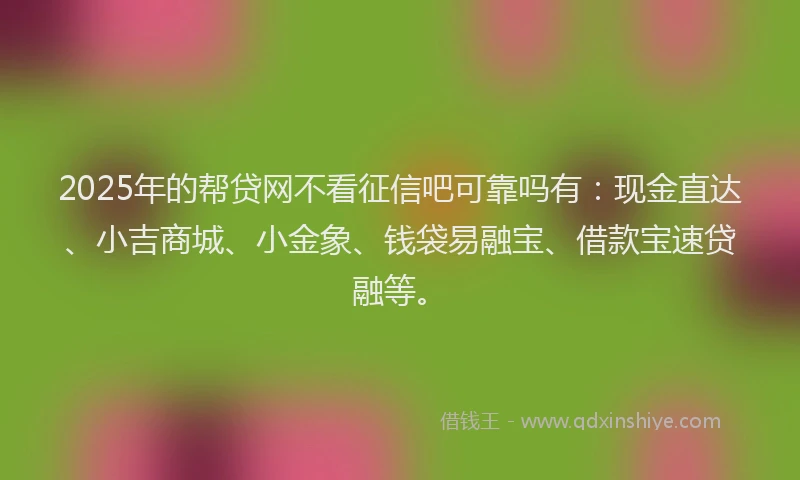 2025年的帮贷网不看征信吧可靠吗有：现金直达、小吉商城、小金象、钱袋易融宝、借款宝速贷融等。