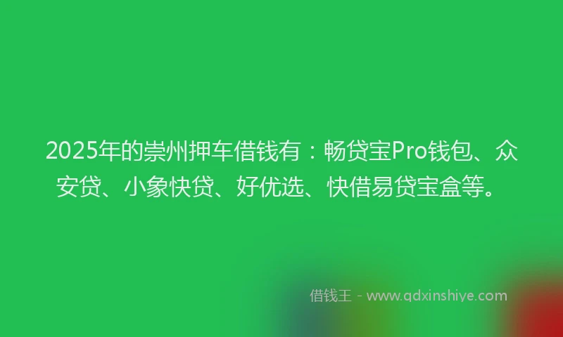 2025年的崇州押车借钱有：畅贷宝Pro钱包、众安贷、小象快贷、好优选、快借易贷宝盒等。