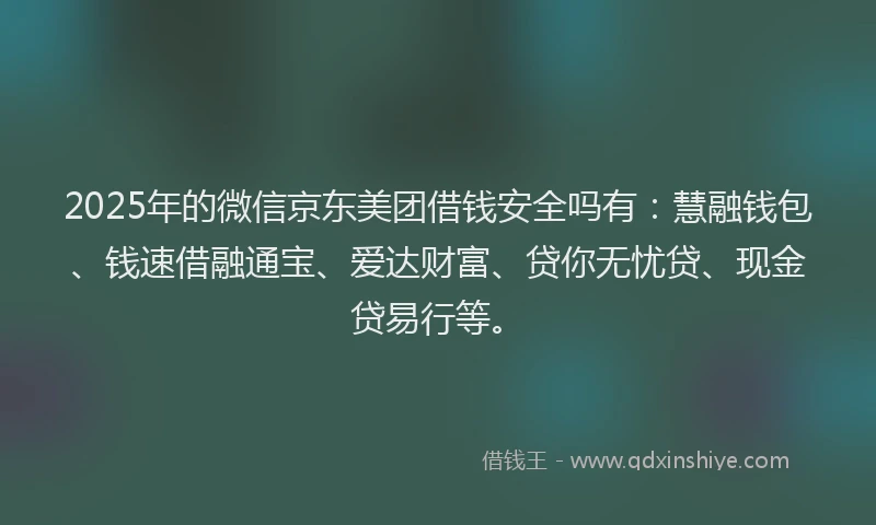 2025年的微信京东美团借钱安全吗有：慧融钱包、钱速借融通宝、爱达财富、贷你无忧贷、现金贷易行等。