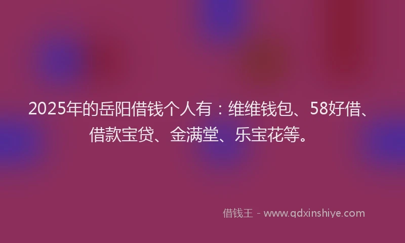 2025年的岳阳借钱个人有：维维钱包、58好借、借款宝贷、金满堂、乐宝花等。
