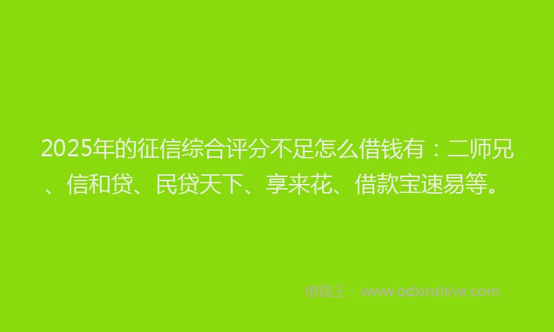 2025年的征信综合评分不足怎么借钱有：二师兄、信和贷、民贷天下、享来花、借款宝速易等。