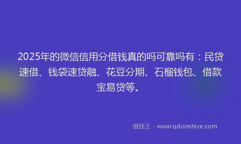 2025年的微信信用分借钱真的吗可靠吗有：民贷速借、钱袋速贷融、花豆分期、石榴钱包、借款宝易贷等。