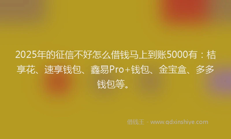 2025年的征信不好怎么借钱马上到账5000有：桔享花、速享钱包、鑫易Pro+钱包、金宝盒、多多钱包等。