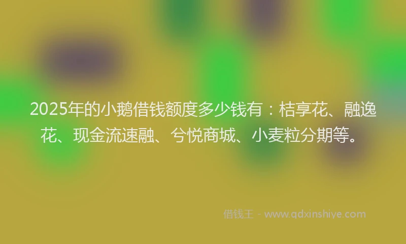 2025年的小鹅借钱额度多少钱有：桔享花、融逸花、现金流速融、兮悦商城、小麦粒分期等。