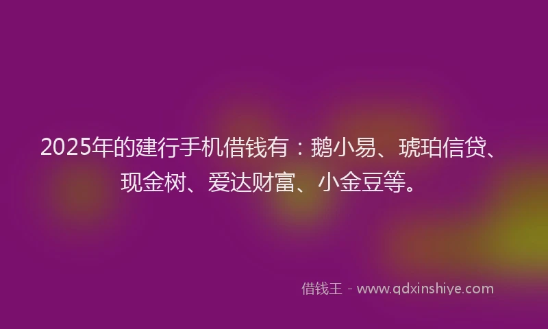 2025年的建行手机借钱有：鹅小易、琥珀信贷、现金树、爱达财富、小金豆等。