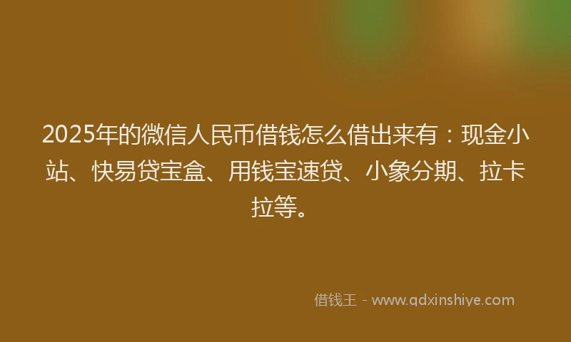 2025年的微信人民币借钱怎么借出来有：现金小站、快易贷宝盒、用钱宝速贷、小象分期、拉卡拉等。