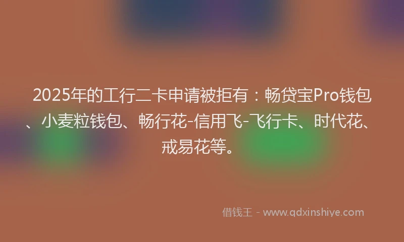 2025年的工行二卡申请被拒有：畅贷宝Pro钱包、小麦粒钱包、畅行花-信用飞-飞行卡、时代花、戒易花等。