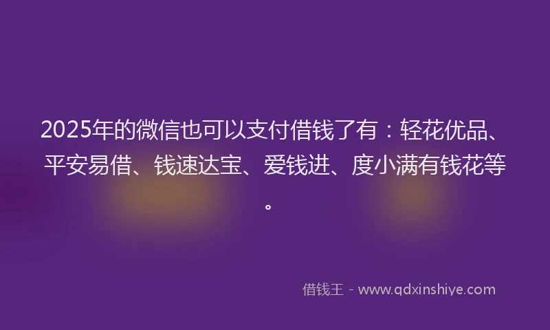 2025年的微信也可以支付借钱了有：轻花优品、平安易借、钱速达宝、爱钱进、度小满有钱花等。