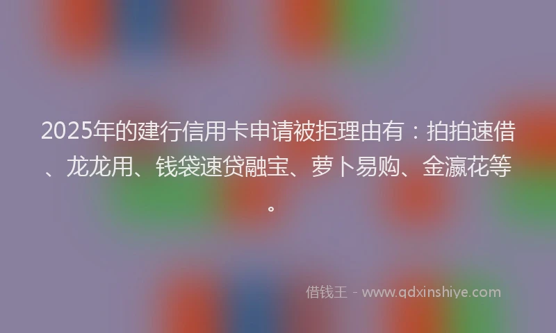 2025年的建行信用卡申请被拒理由有：拍拍速借、龙龙用、钱袋速贷融宝、萝卜易购、金瀛花等。