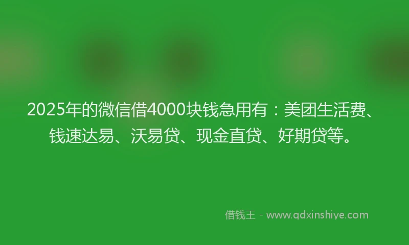 2025年的微信借4000块钱急用有：美团生活费、钱速达易、沃易贷、现金直贷、好期贷等。