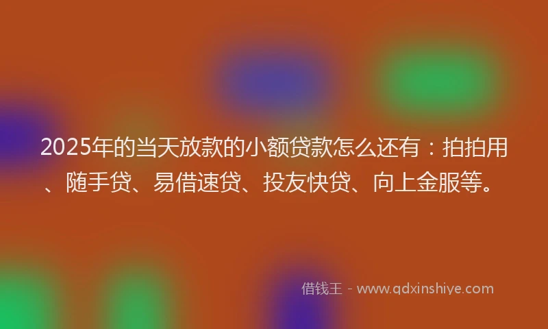 2025年的当天放款的小额贷款怎么还有：拍拍用、随手贷、易借速贷、投友快贷、向上金服等。
