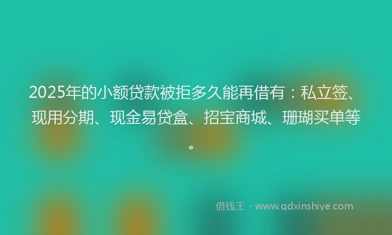 2025年的小额贷款被拒多久能再借有：私立签、现用分期、现金易贷盒、招宝商城、珊瑚买单等。