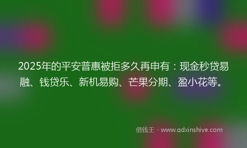 2025年的平安普惠被拒多久再申有：现金秒贷易融、钱贷乐、新机易购、芒果分期、盈小花等。